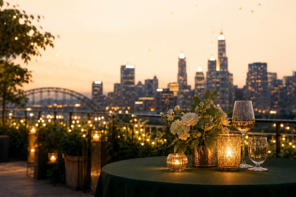 Candlelit table in front of city skyline