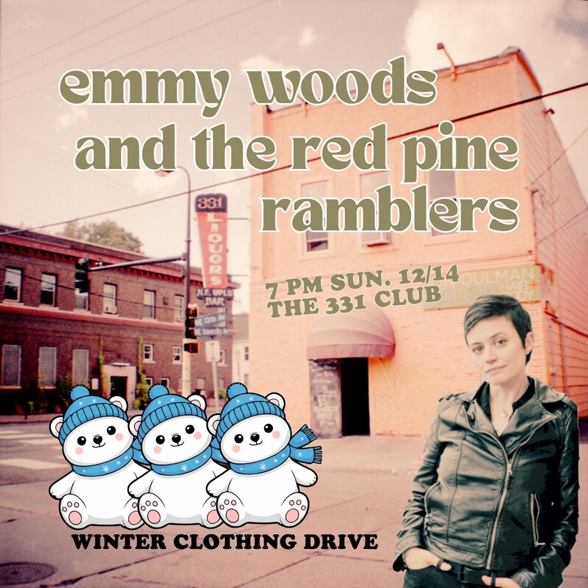 A flyer showing an old photo of a building, three cartoon polar bears, a person and text that reads "emmy woods and the red pine ramblers"