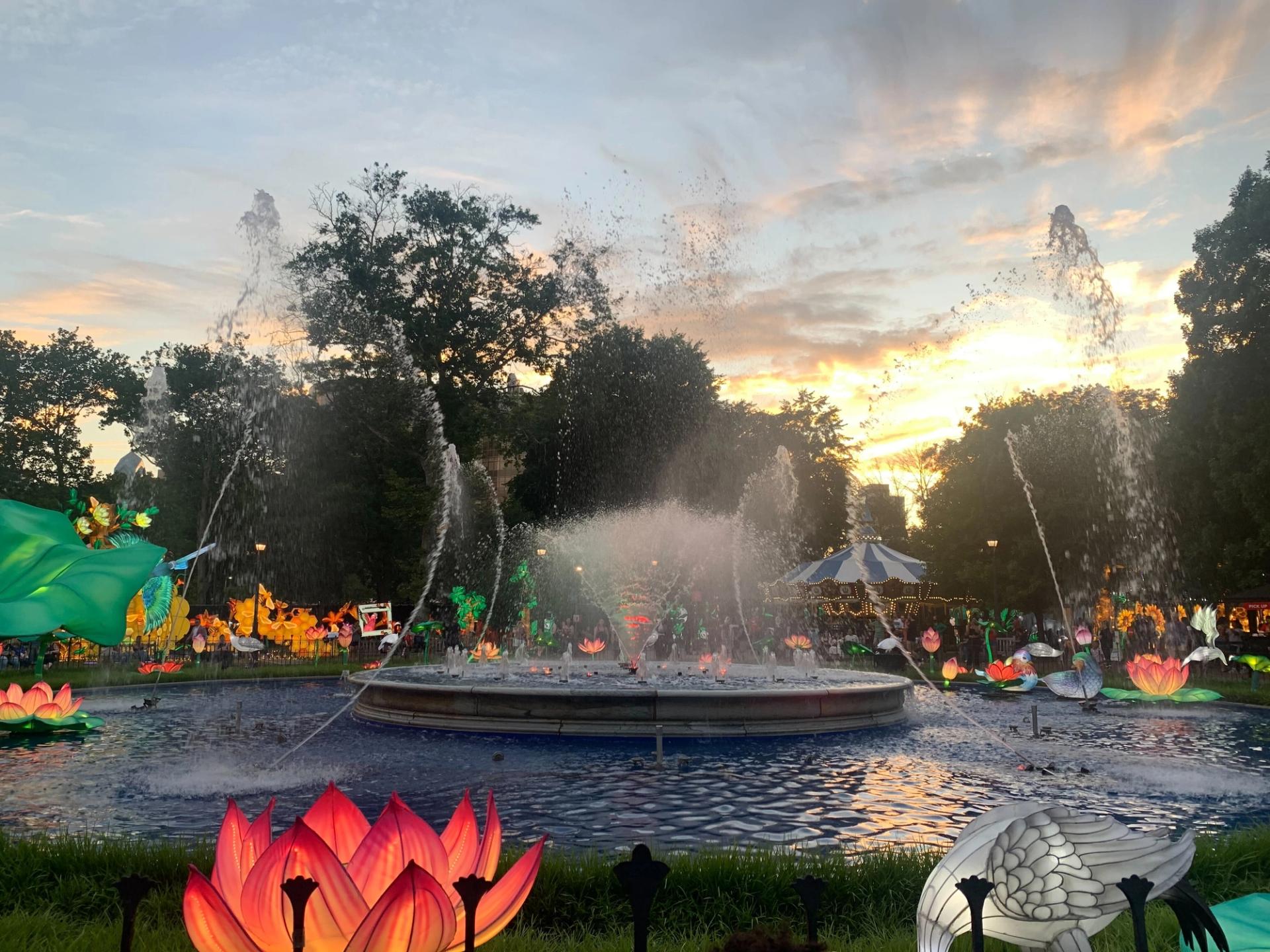 A fountain with lit, flower-shaped lanterns around it.