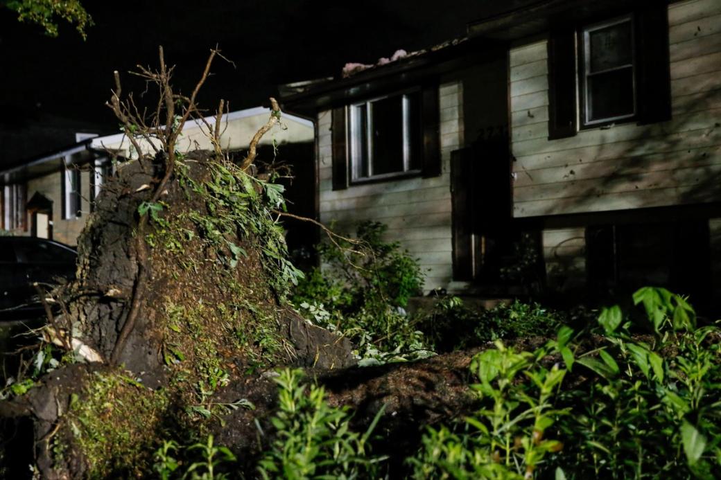 A photo of a tree uprooted  at night in a backyard of someone's house