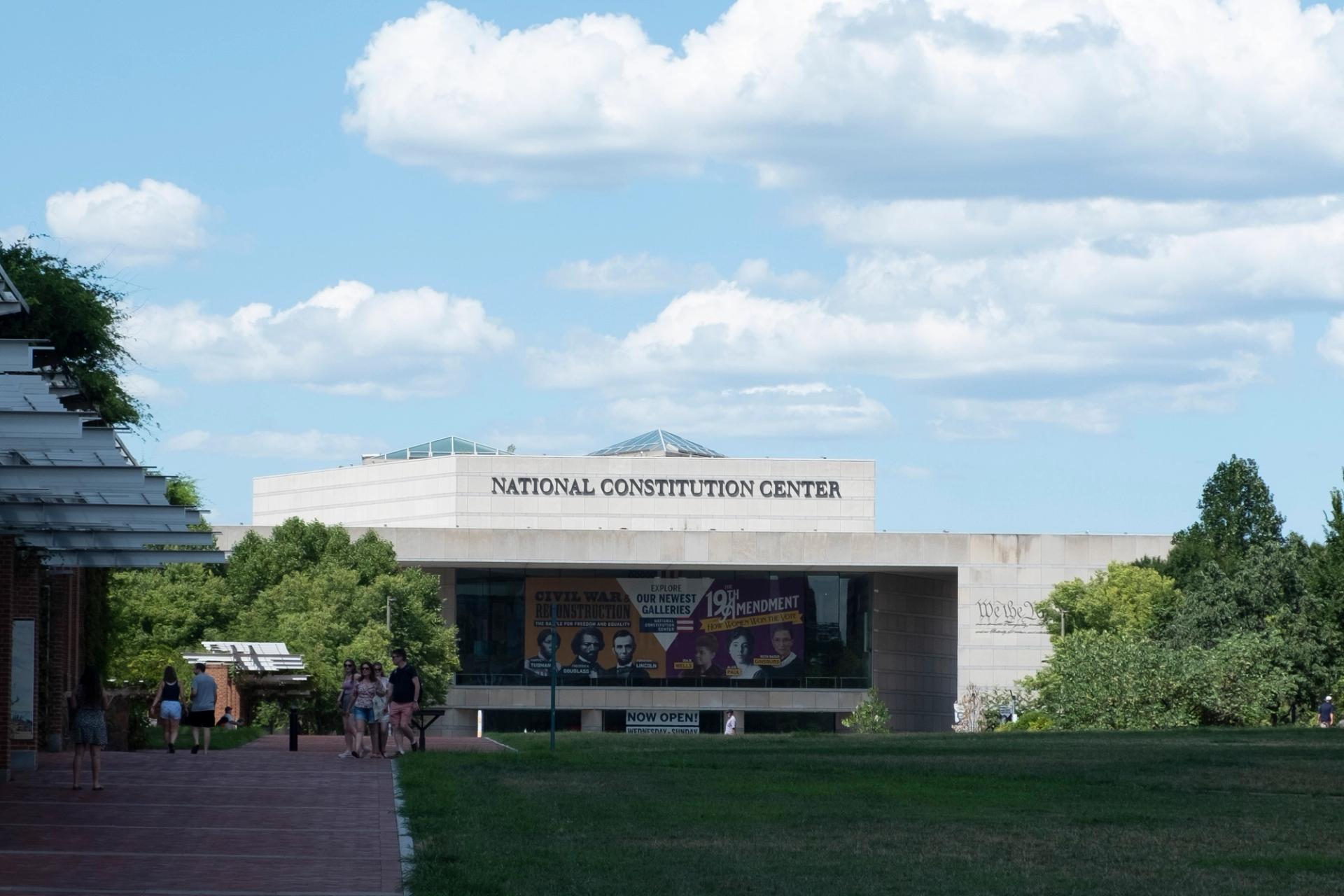 The front of the National Constitution Center, and its front lawn.