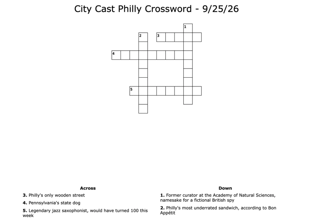 A crossword puzzle with five, Philly-themed clues. The title of the image says "City Cast Philly Crossword - 9/25/26