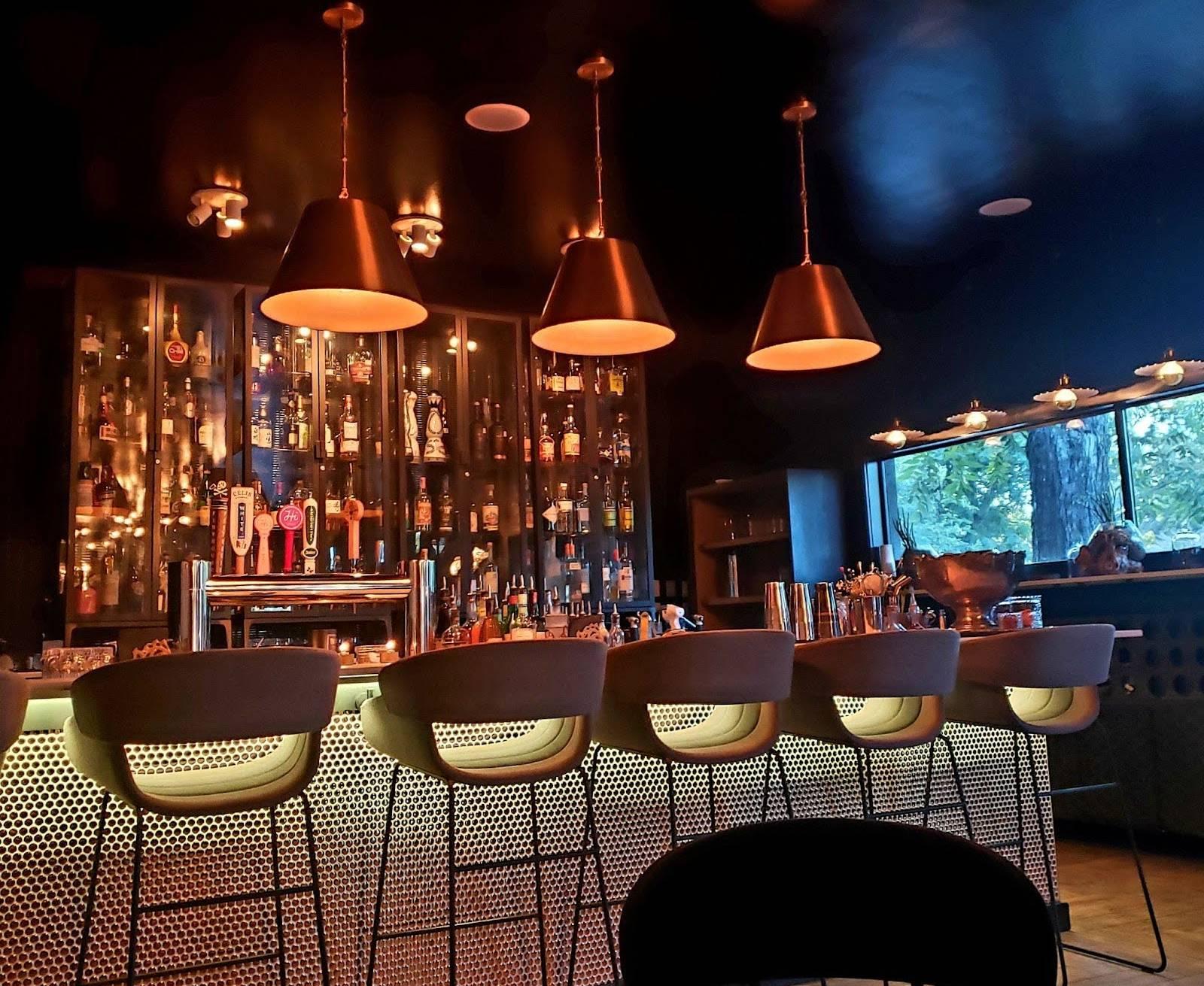 Five barstools at a dimly lit bar.