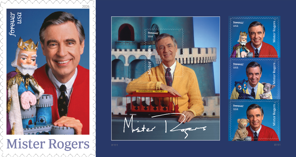 Left to right: The original Mister Rogers stamp and a new four-image Mister Rogers souvenir sheet, which debuted over the weekend at the Boston 2026 World Exposition. (U.S. Postal Service)