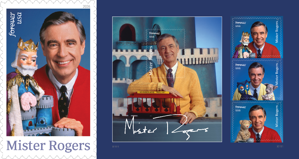 Left to right: The original Mister Rogers stamp and a new four-image Mister Rogers souvenir sheet, which debuted over the weekend at the Boston 2026 World Exposition. (U.S. Postal Service)