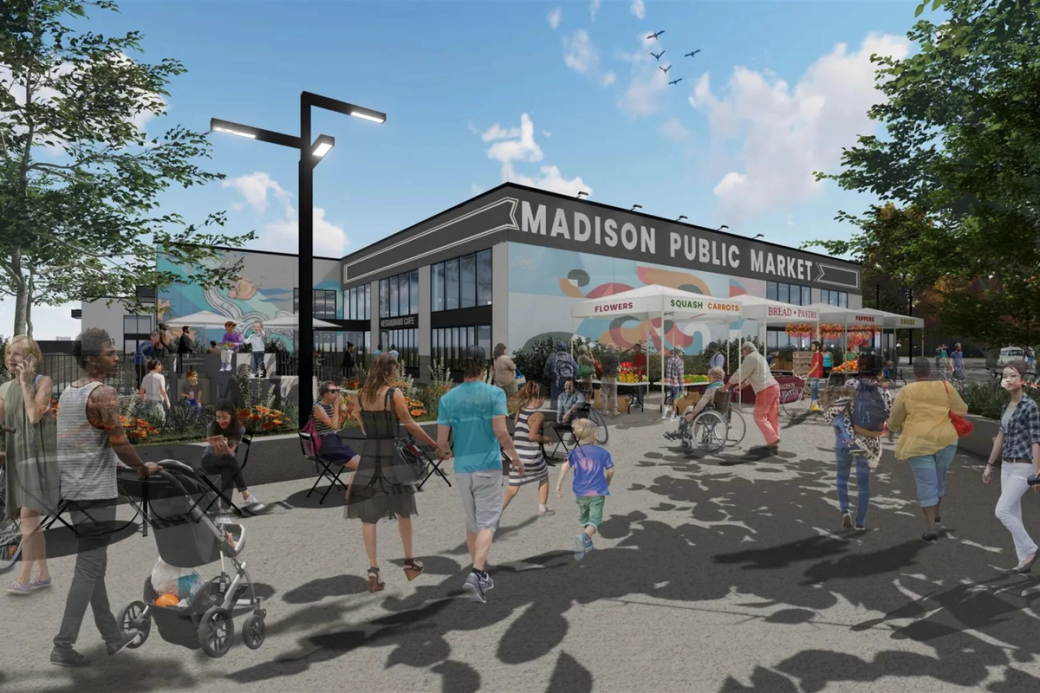 An artist's rendering of a building with people around it.