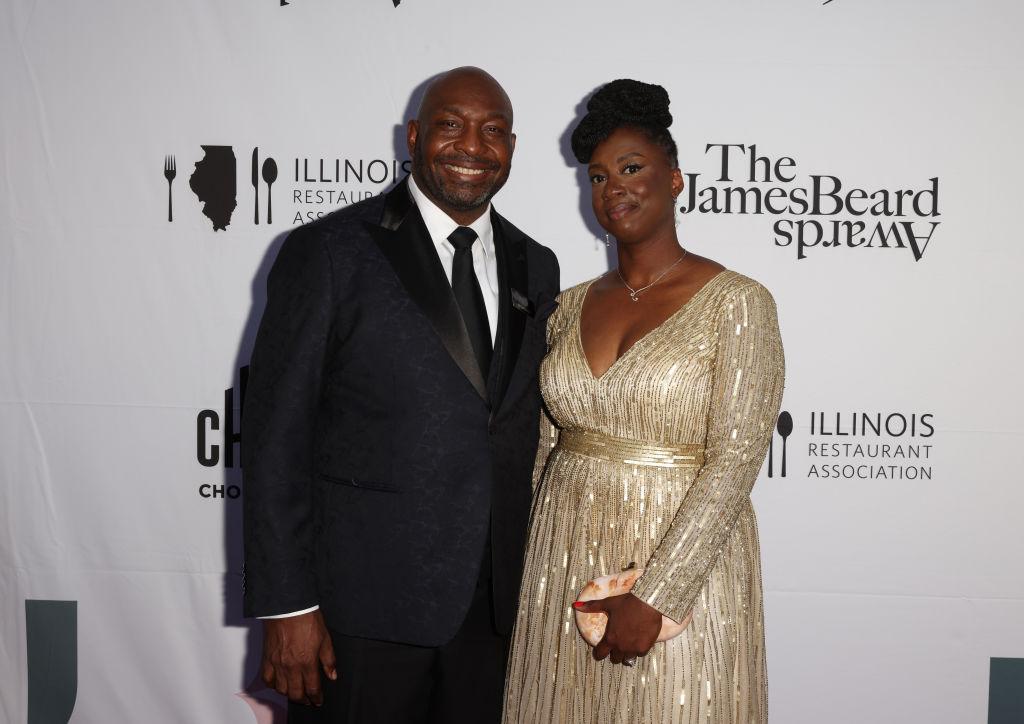 Chef Erick Williams and his wife pose on the awards ceremony carpet