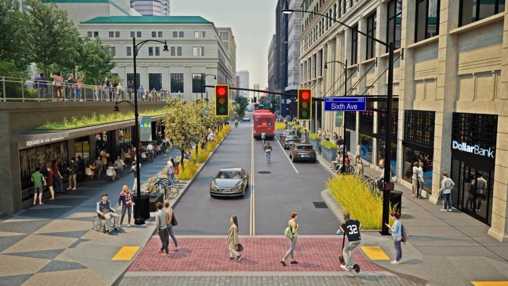 a computer generated rendering of a city intersection with people on sidewalks separated by a wide street with cars