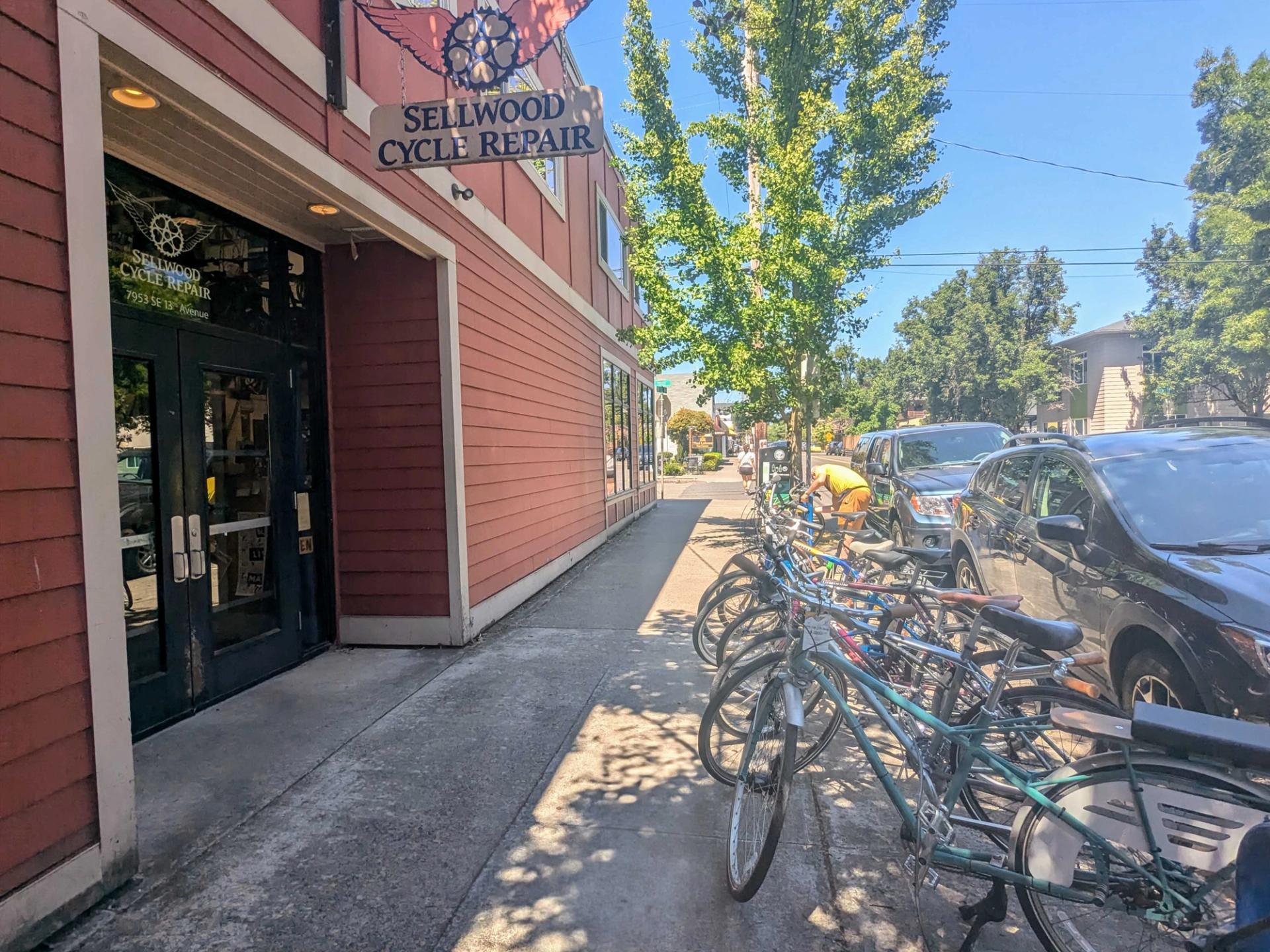 storefronts with bikes outside