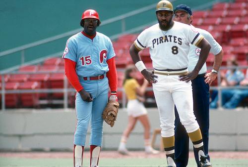 Dick Allen (left) and Pittsburgh Pirates player Willie Stargell at a 1976 game. (Focus on Sport/Getty Images)
