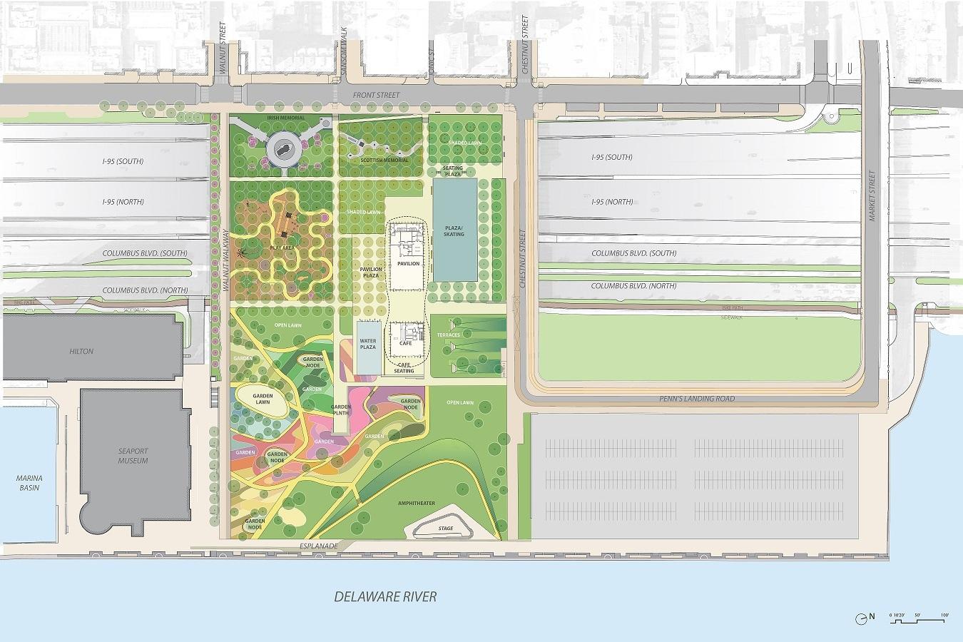 Plans for the I-95 highway park that's being built between Front Street in Old City and the Delaware River.