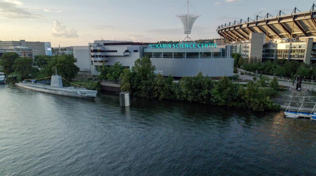 view of Kamin Science Center from the river