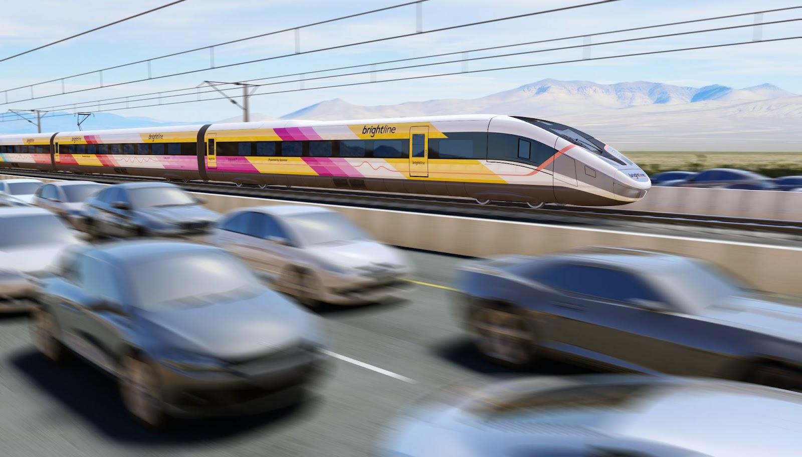 Computer generated rendering of a high-speed rail alongside highway traffic.