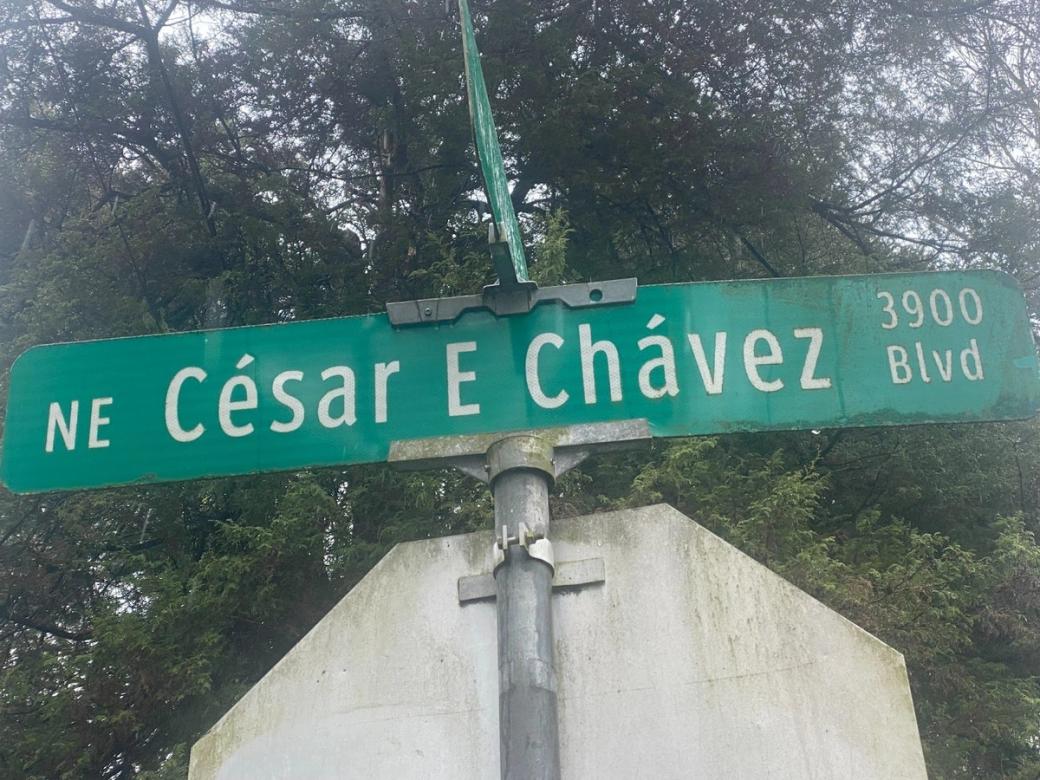 Street sign for Northeast Cesar Chavez Boulevard.