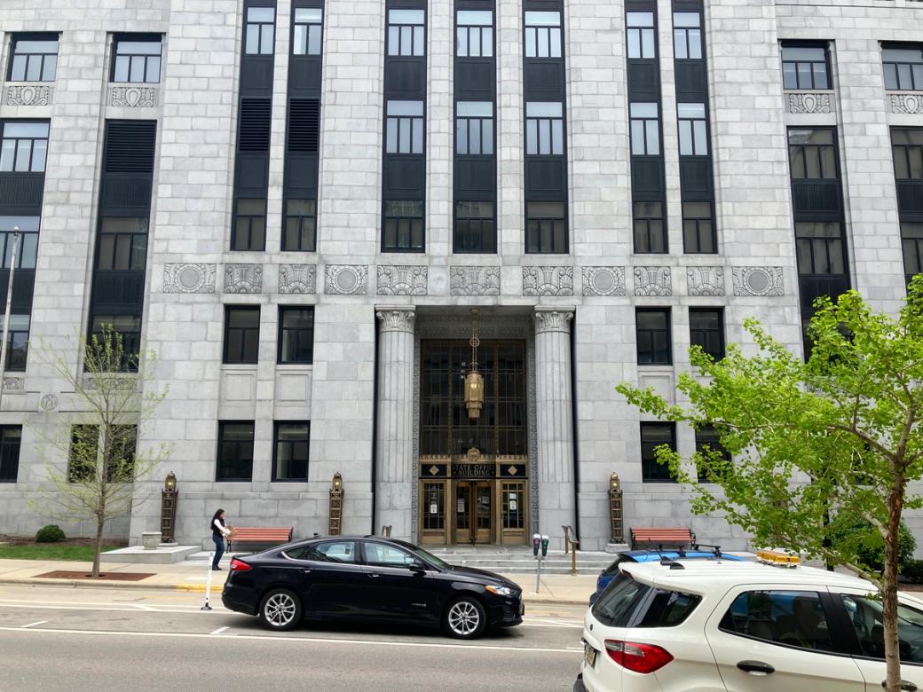 A large grey building.