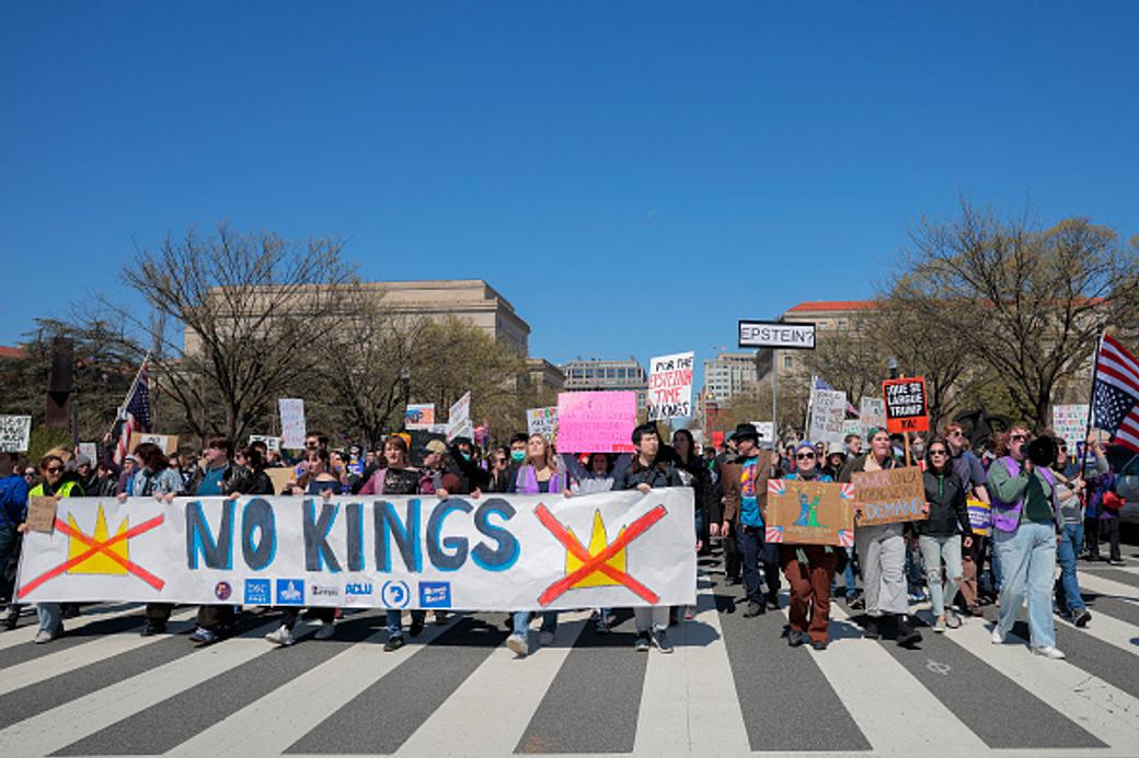 Protesters march through the National Mall for a "No Kings" protest on March 28, 2026. (Getty Images/Heather Diehl)