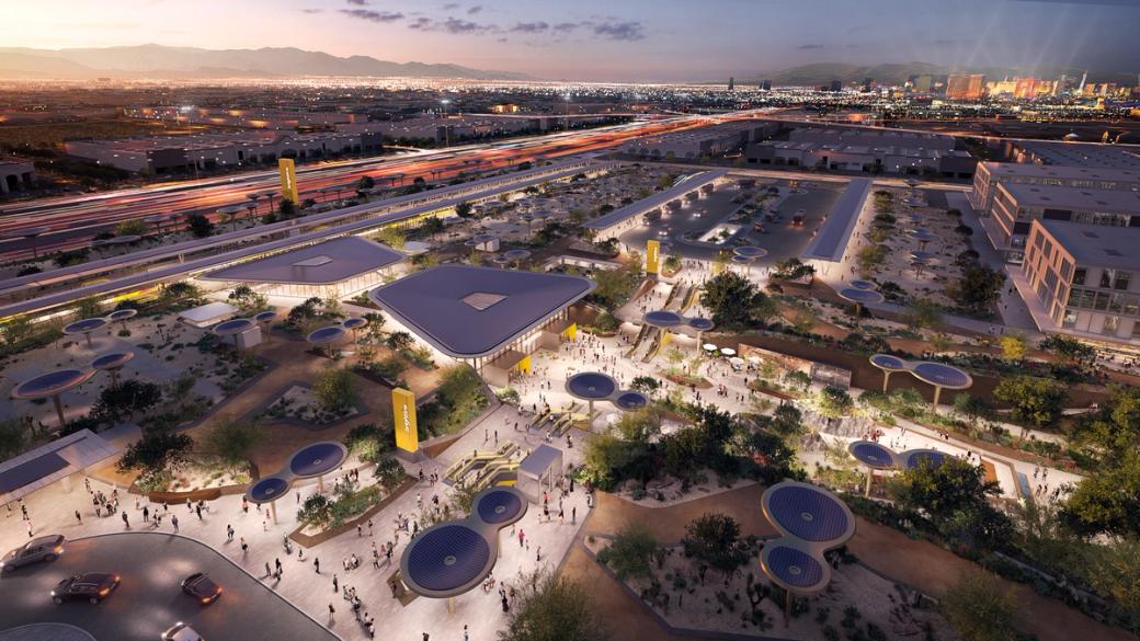 Rendering of the Brightline West train station near the Las Vegas Strip.