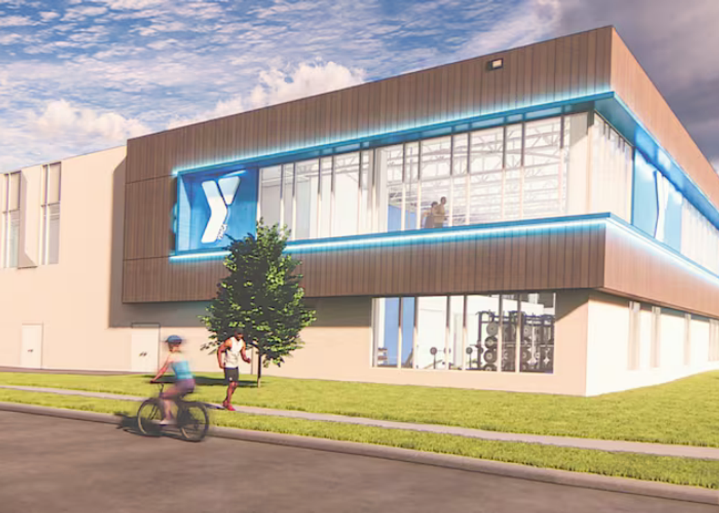 An artist’s rendering of a large building with a glass front.