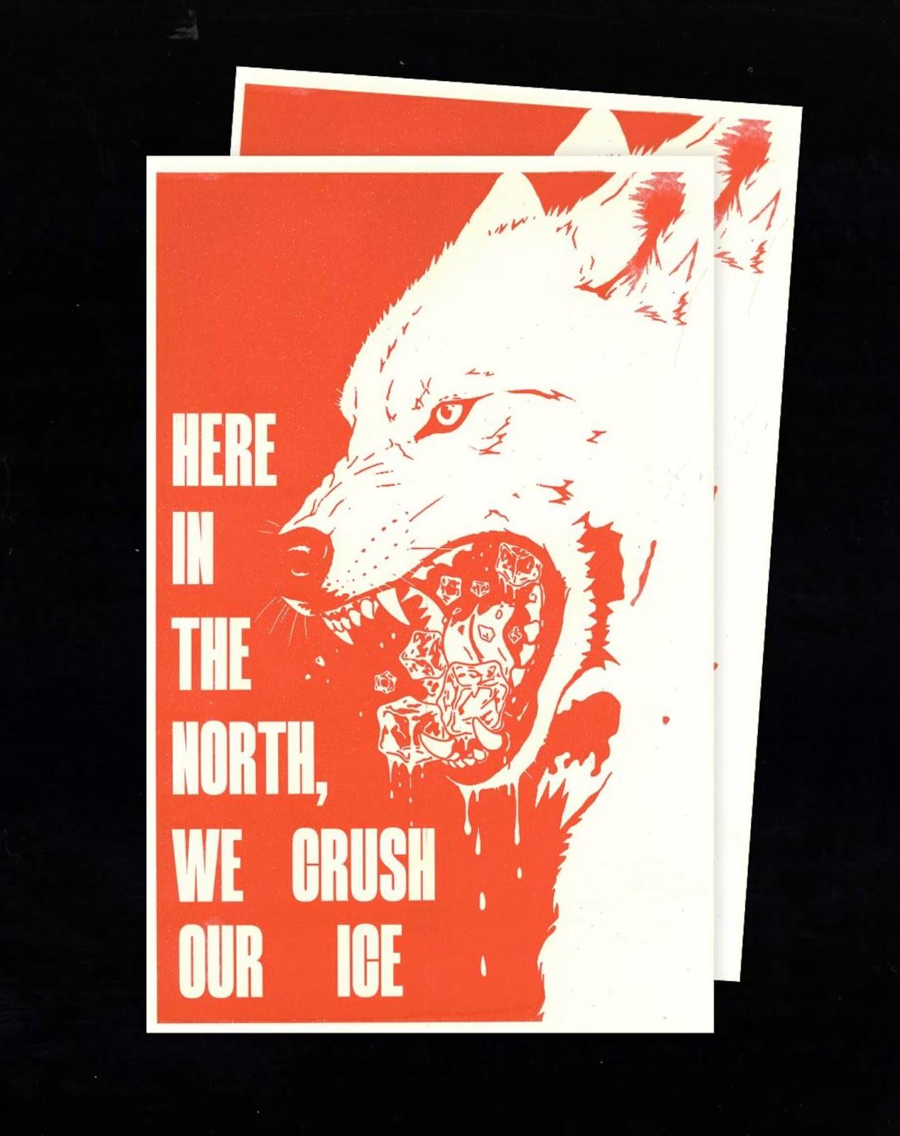 A digital art piece of a wolf with ice cubes in its mouth. The text reads "Here in the north we crush our ice"