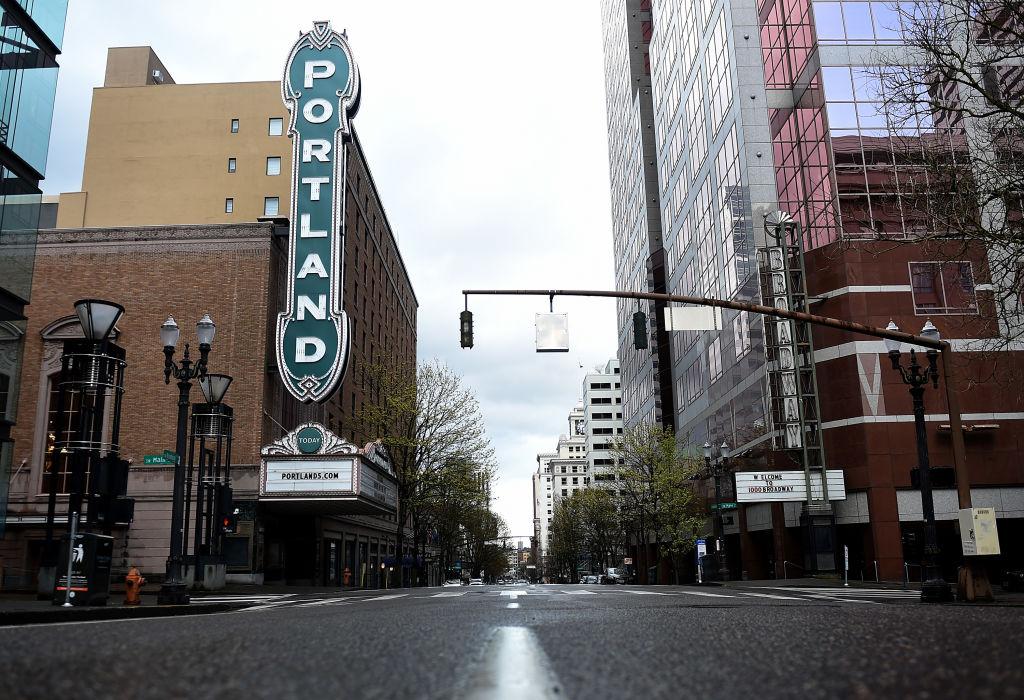 An empty street outside the Arlene Schnitzer Concert Hall