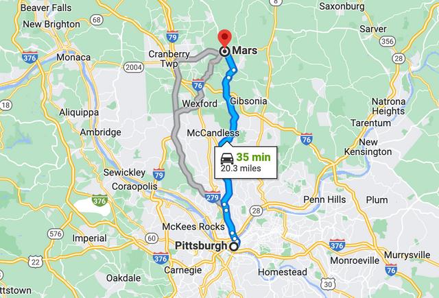 Pittsburgh to Mars. (Google Maps screenshot)