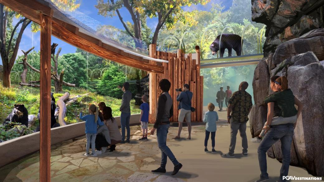 A rendering of new exhibit featuring bears behind glass in new habits and a walkway above guests