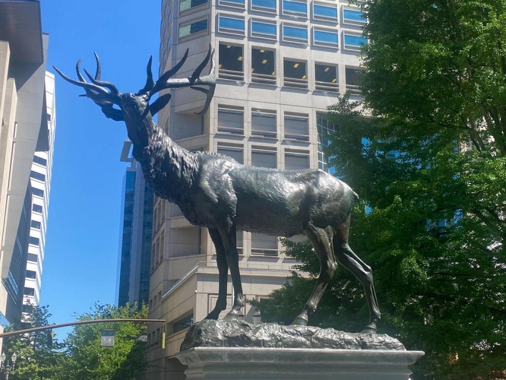Elk statue next to a tree, with high-rise buildings in the background.