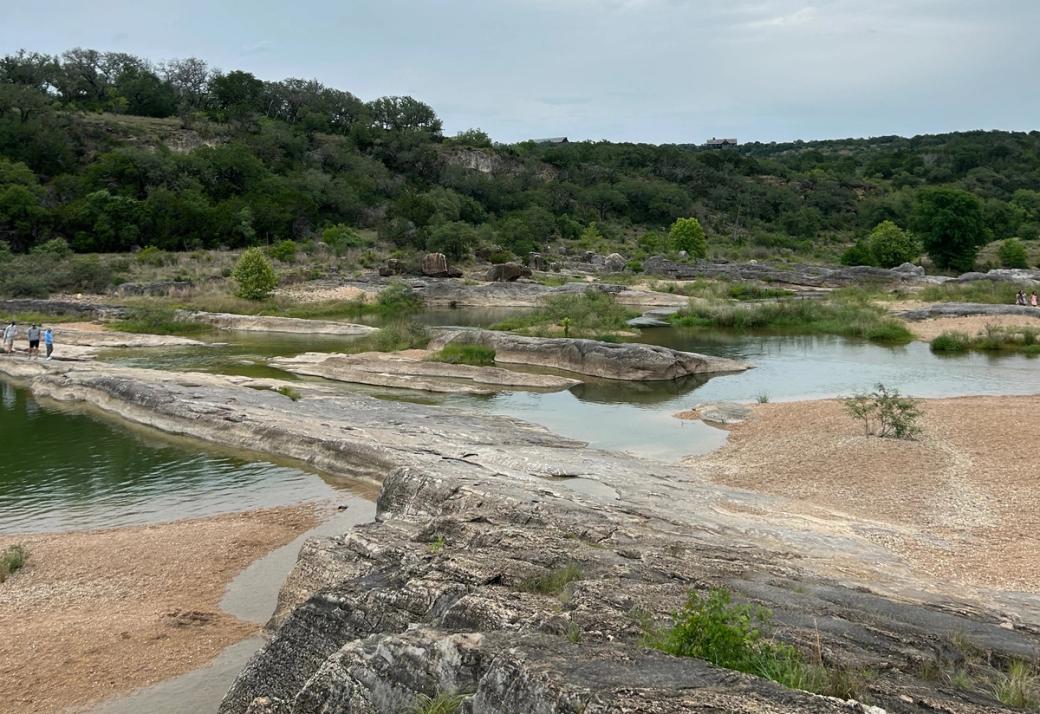 Rocks and water surrounded by trees. 