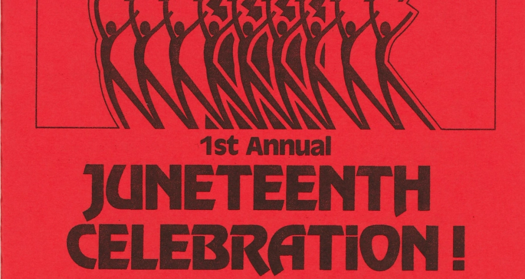 Black text and image of stick figures holding each other in the air on the cover of a program reading “1st annual Juneteenth Celebration!”
