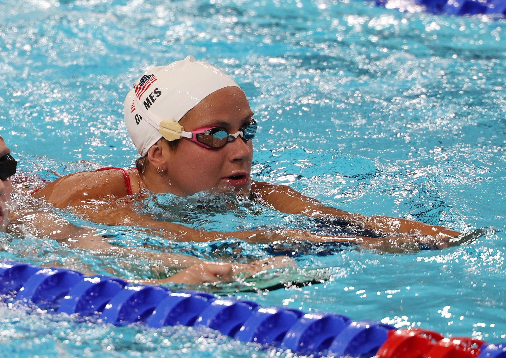 Katie Grimes swimming in Paris ahead of the Olympics.