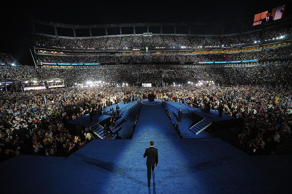 Barack Obama speaks at the Democratic National Convention 2008 at the Invesco Field in Denver, Colorado, on August 28, 2008.