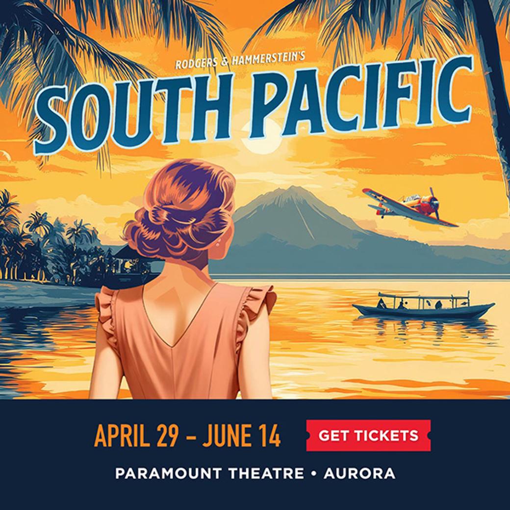 A woman in a vintage dress gazes at a tropical sunset over the ocean, with palm trees, a seaplane, and boats. Text: "South Pacific" and event details.