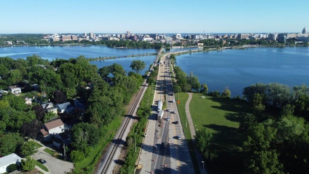 An aerial photo of John Nolen Drive on a beautiful sunny day.
