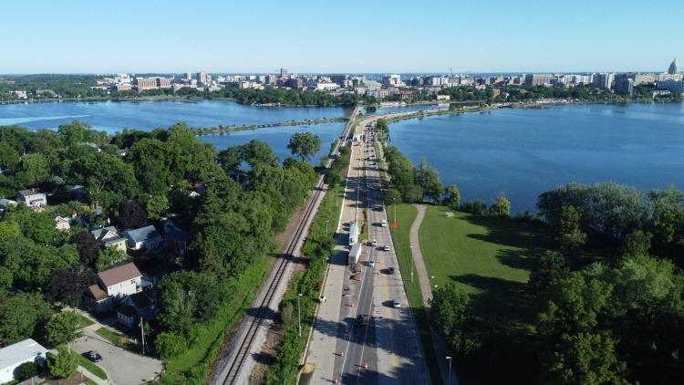 An aerial photo of John Nolen Drive on a beautiful sunny day.