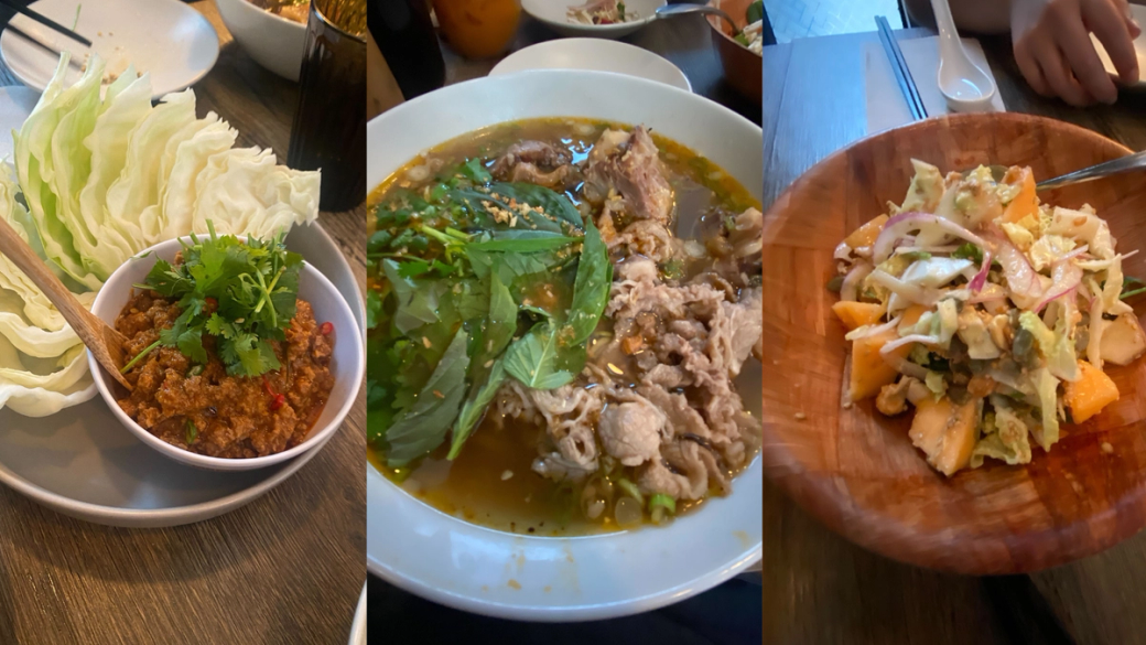 wild boar prohik dip, beef noodle soup, and Burmese ginger & melon salad