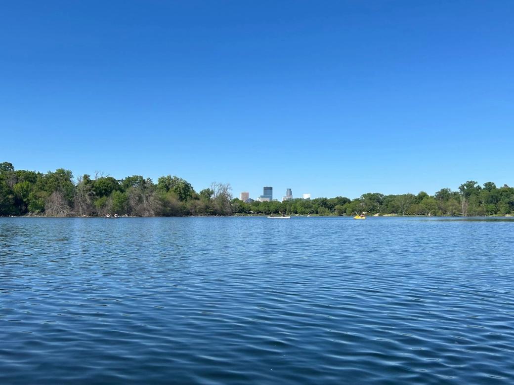 Eye-level view of lake surrounded by trees, and large buildings in the far distance