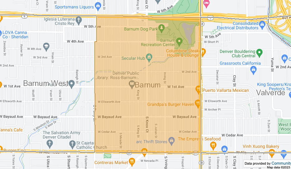 A map of Denver outlining Barnum's neighborhood boundaries