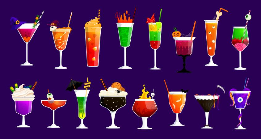 Cartoon drinks lined up on a purple background.