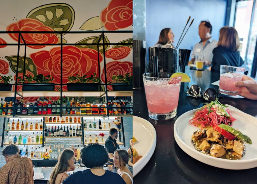 Multiple photos from Monroe Street: a painted ceiling with red roses, pink cocktails on a table, and customers looking at food on shelves.