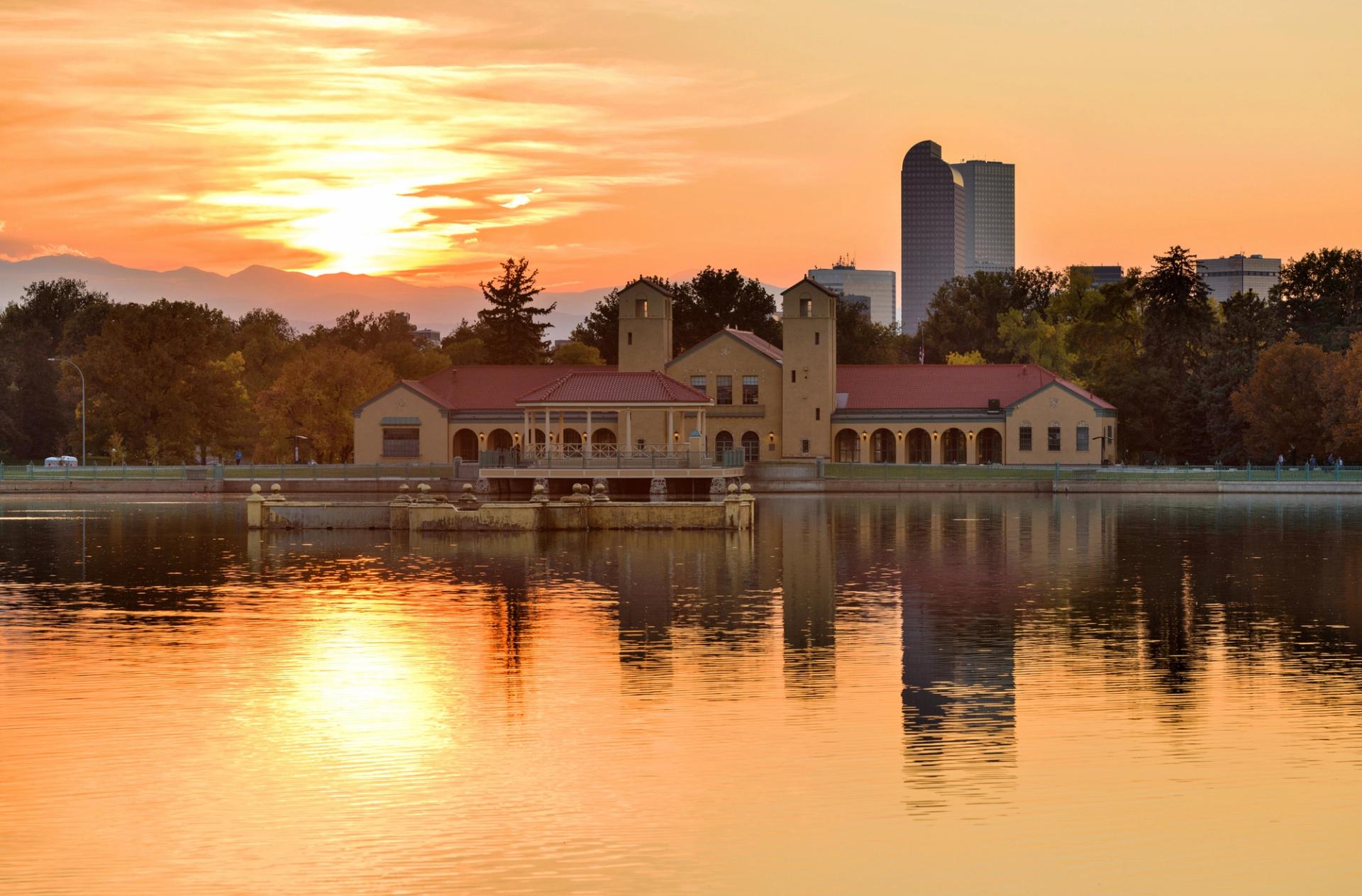 A striking sunset over Ferril Lake at City Park.