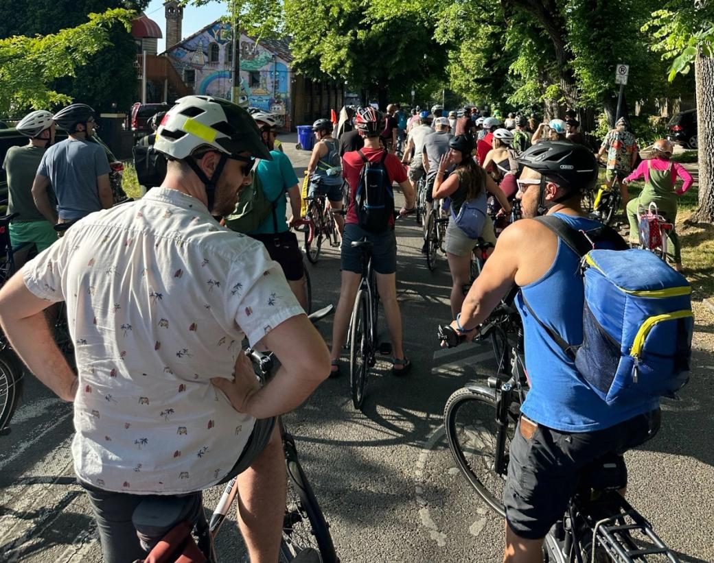 A group of cyclists on a leafy side street.
