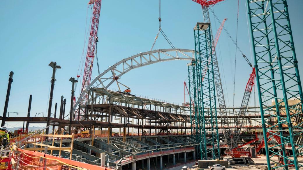 Construction on the A's stadium on a clear day.