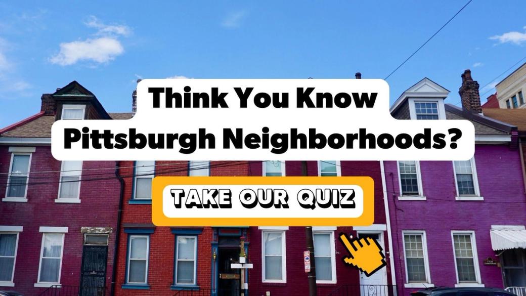 A title slide with a gold and white speckled background and bold gold bubble letters outlined in black reading: '1,000 Things We Love About Pittsburgh.' Below the title is the text 'Sponsored by Harris Theater' with the Harris Theater logo."