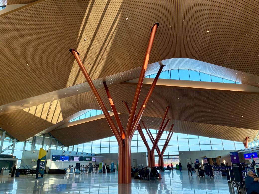 An airy, light-filled airport terminal with sweeping wooden ceilings and check-in counters.