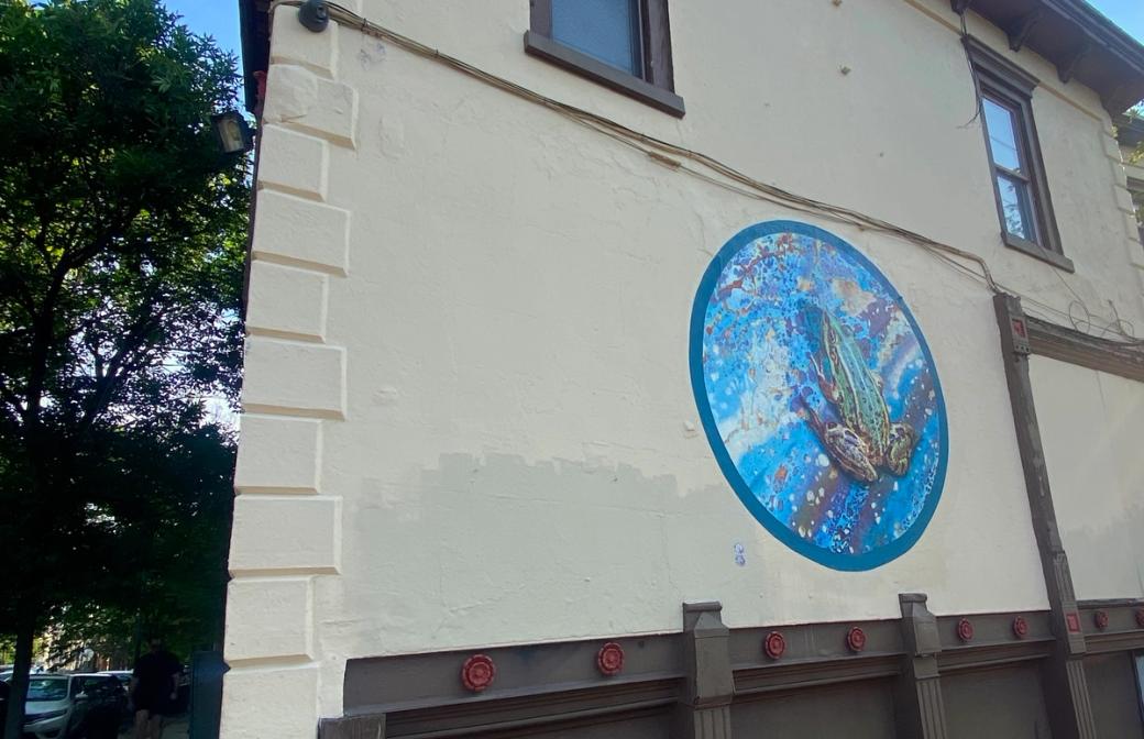 white exterior wall with a blue circle and green frog painted on