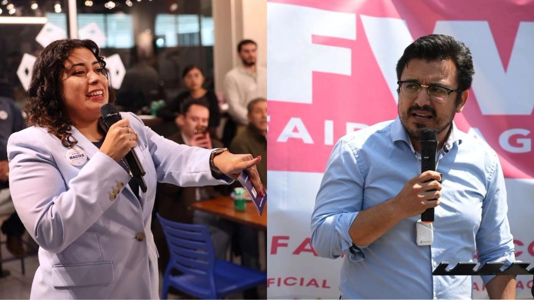 A split photo, the left photo shows a woman in a pant suit with a microphone and pointing. The right photo shows a man in a dress shirt holding a microphone