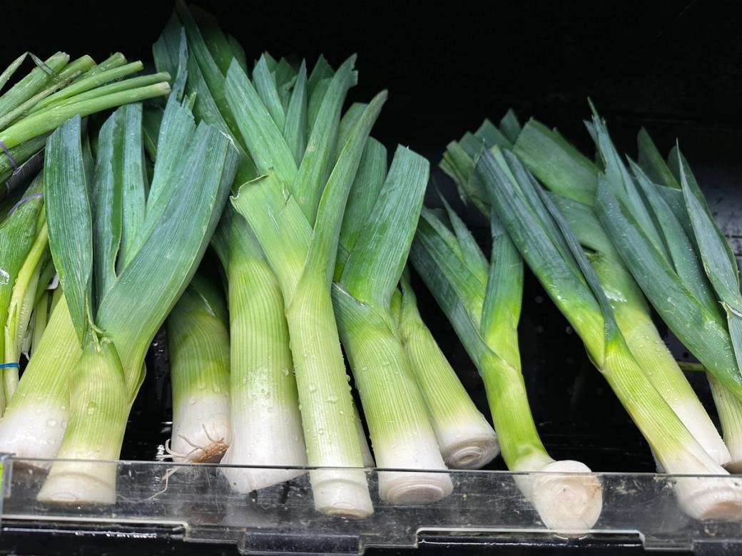 Bright green leeks on a black shelf at the grocery store.