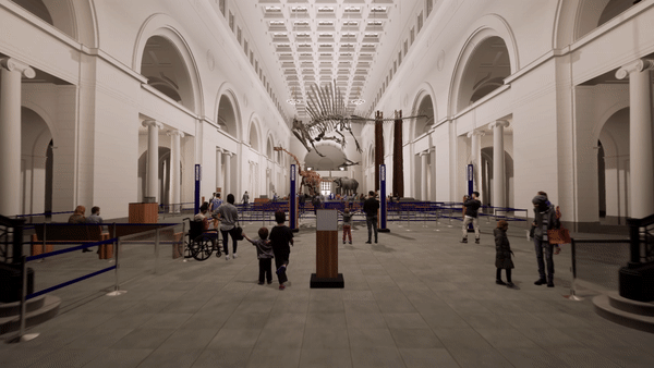 A rendering of a dinosaur hanging in a big hall