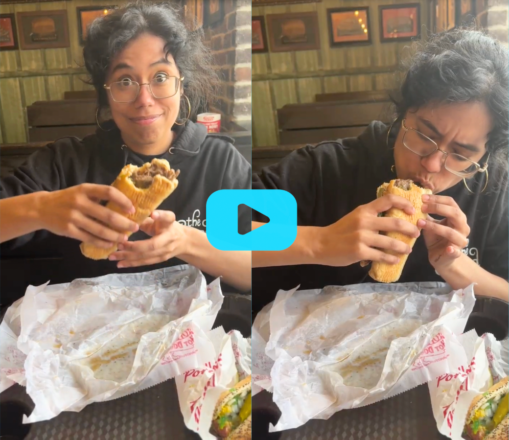 Diptych of woman eating an Italian beef sandwich from Portillos