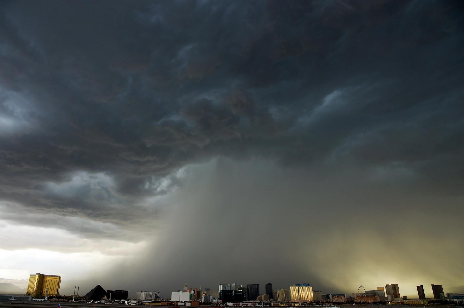 An ominous cloud and rain over the Las Vegas skyline.